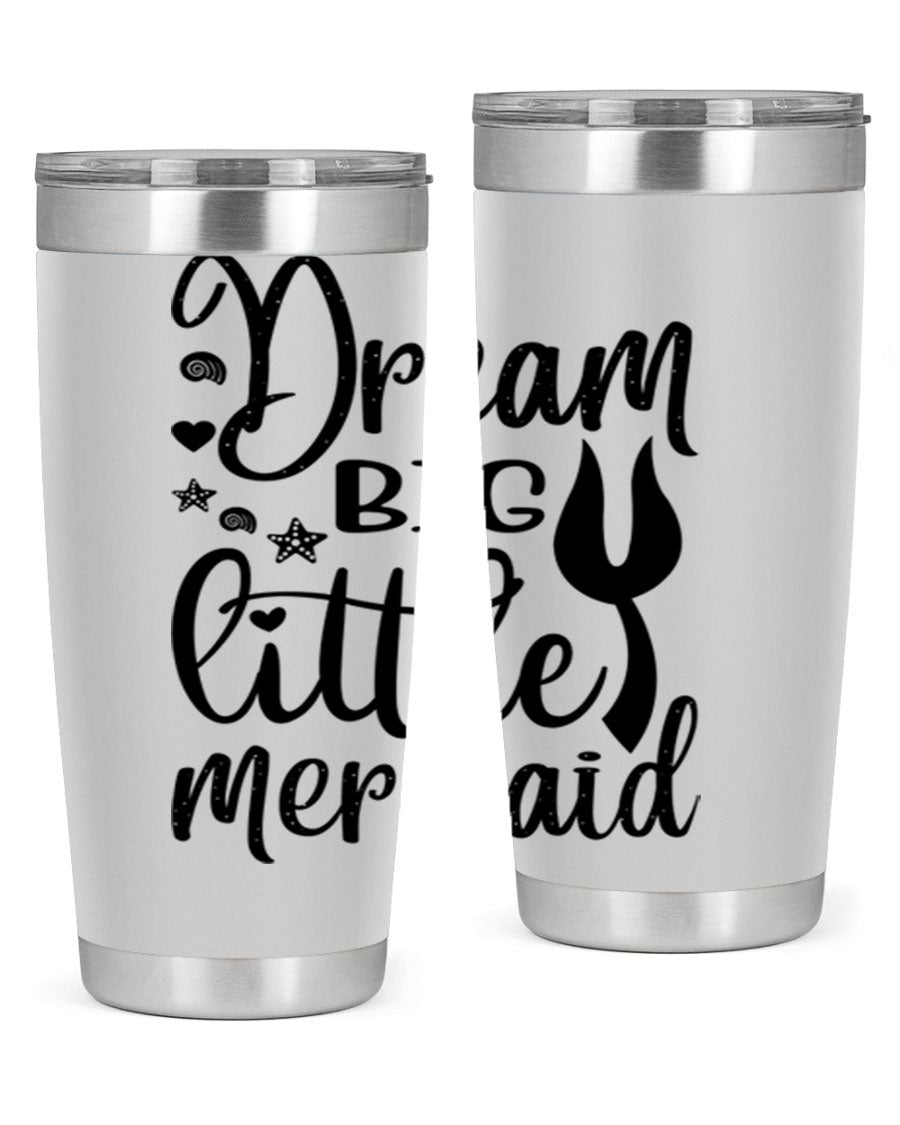 Dream Big Little Mermaid tumbler featuring a vibrant design, double wall vacuum stainless steel construction, and a convenient drink-thru lid.