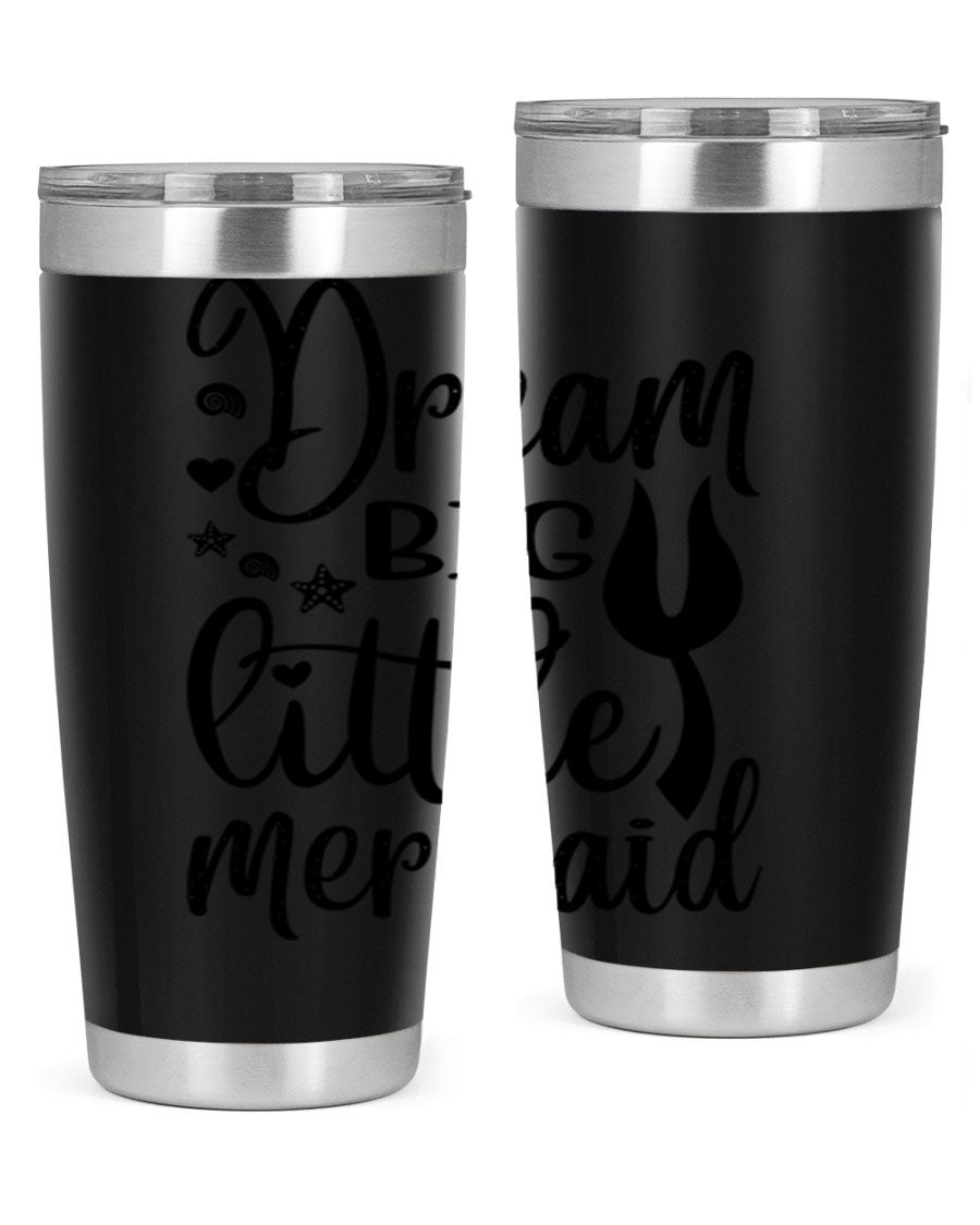 Dream Big Little Mermaid tumbler featuring a vibrant design, double wall vacuum stainless steel construction, and a convenient drink-thru lid.