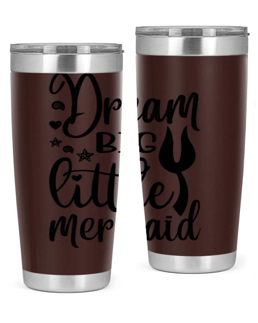 Dream Big Little Mermaid tumbler featuring a vibrant design, double wall vacuum stainless steel construction, and a convenient drink-thru lid.