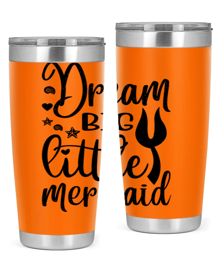 Dream Big Little Mermaid tumbler featuring a vibrant design, double wall vacuum stainless steel construction, and a convenient drink-thru lid.