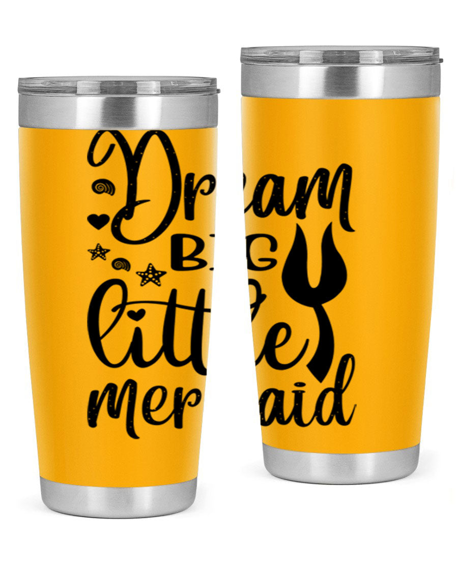 Dream Big Little Mermaid tumbler featuring a vibrant design, double wall vacuum stainless steel construction, and a convenient drink-thru lid.
