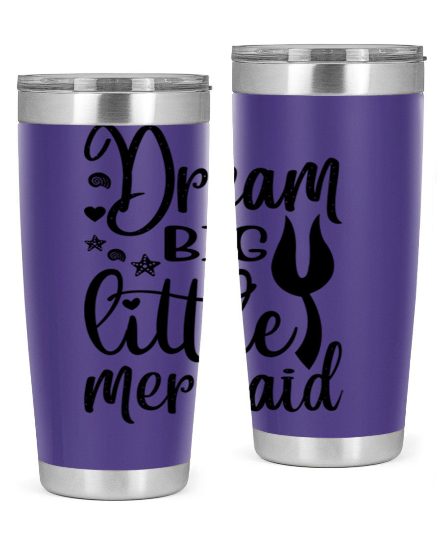 Dream Big Little Mermaid tumbler featuring a vibrant design, double wall vacuum stainless steel construction, and a convenient drink-thru lid.
