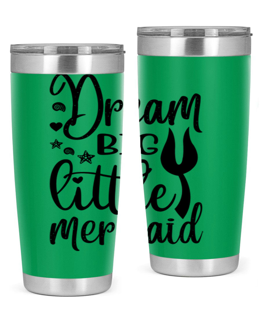 Dream Big Little Mermaid tumbler featuring a vibrant design, double wall vacuum stainless steel construction, and a convenient drink-thru lid.