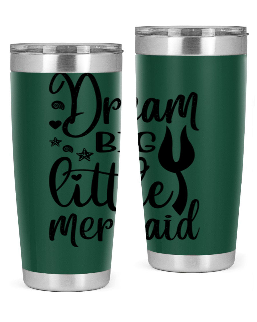 Dream Big Little Mermaid tumbler featuring a vibrant design, double wall vacuum stainless steel construction, and a convenient drink-thru lid.