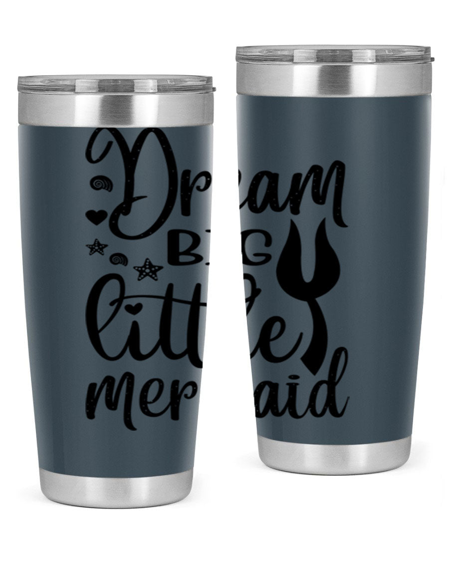 Dream Big Little Mermaid tumbler featuring a vibrant design, double wall vacuum stainless steel construction, and a convenient drink-thru lid.