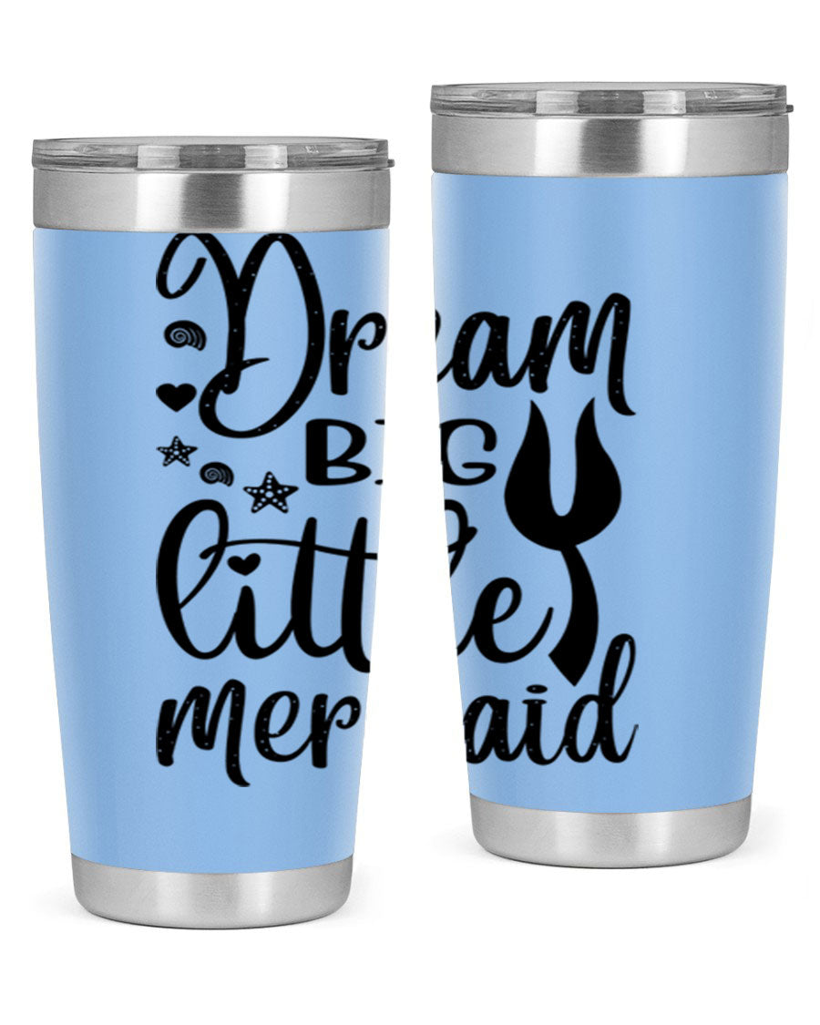 Dream Big Little Mermaid tumbler featuring a vibrant design, double wall vacuum stainless steel construction, and a convenient drink-thru lid.