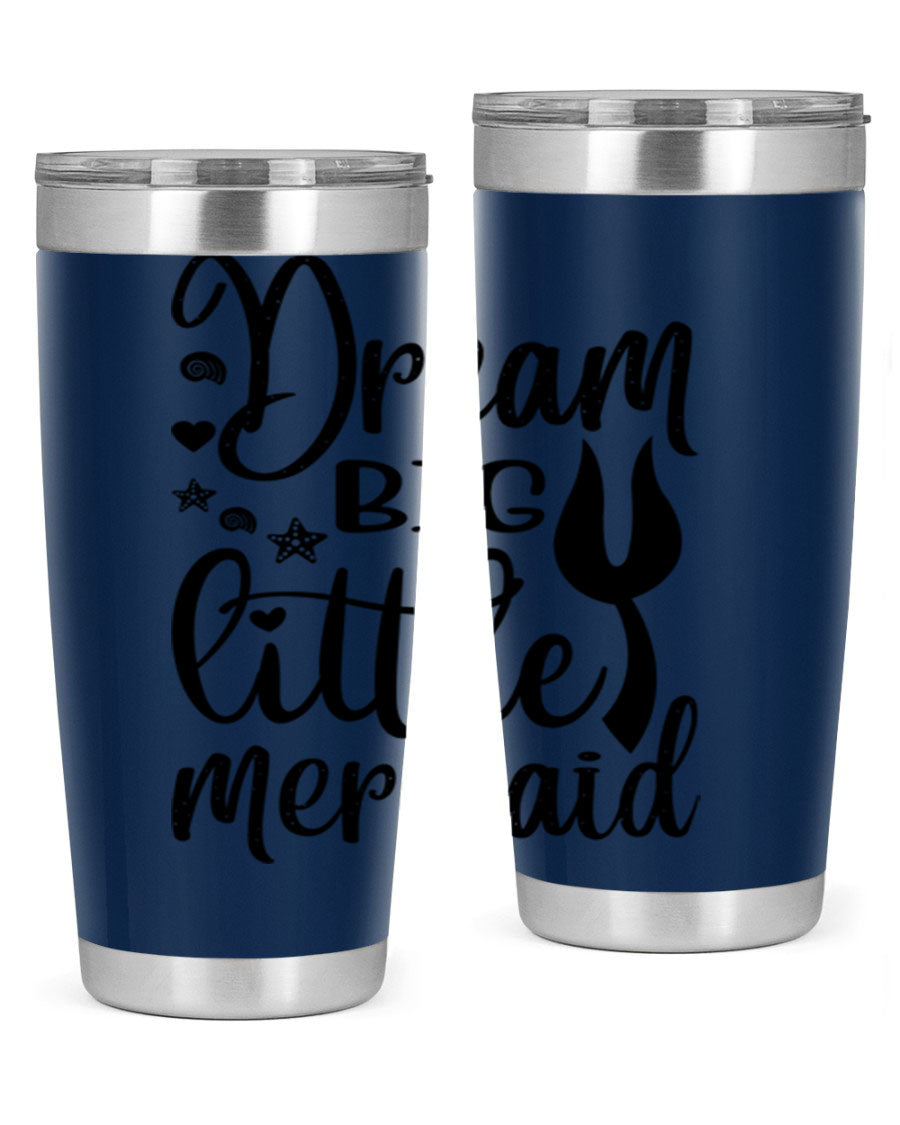 Dream Big Little Mermaid tumbler featuring a vibrant design, double wall vacuum stainless steel construction, and a convenient drink-thru lid.