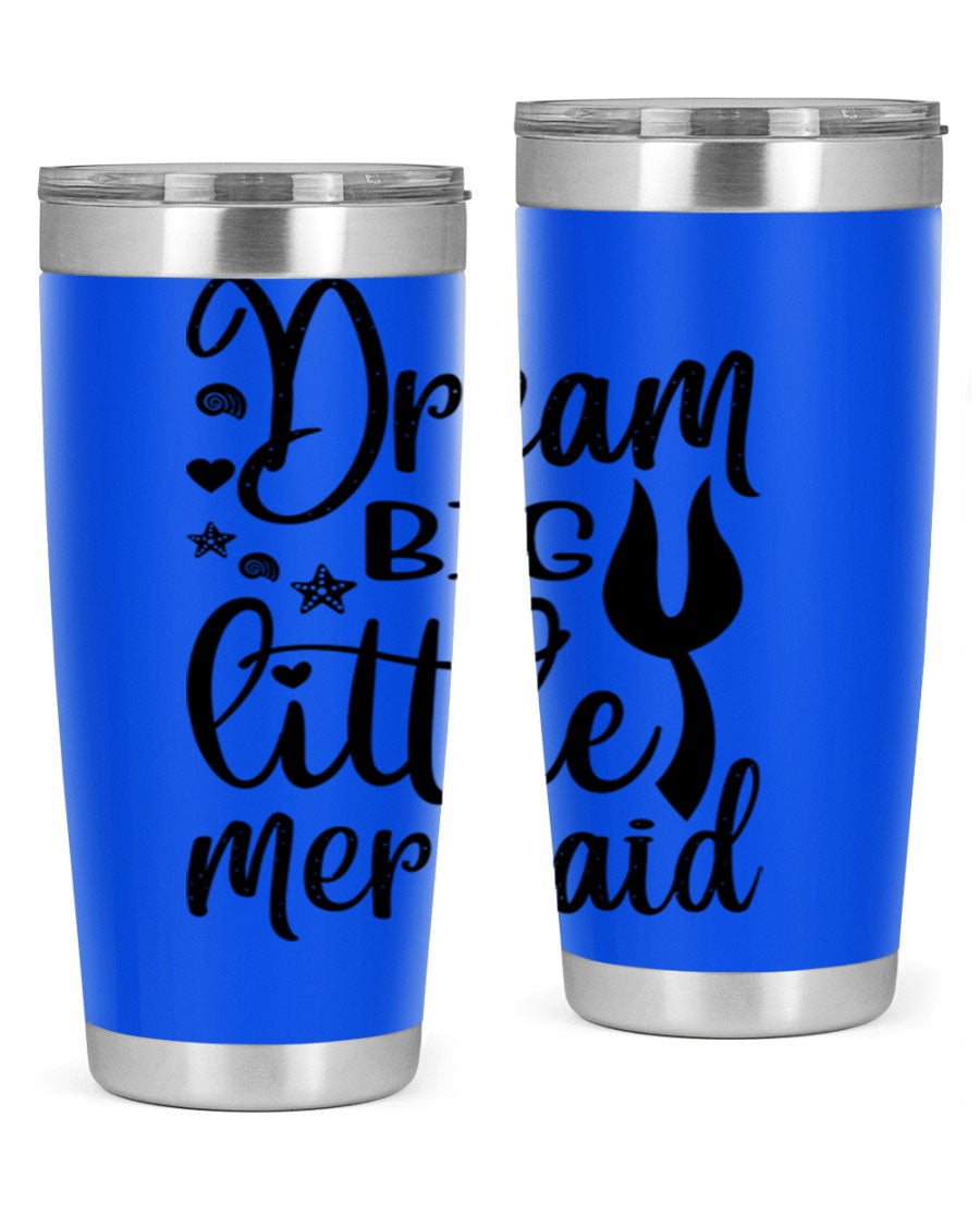 Dream Big Little Mermaid tumbler featuring a vibrant design, double wall vacuum stainless steel construction, and a convenient drink-thru lid.