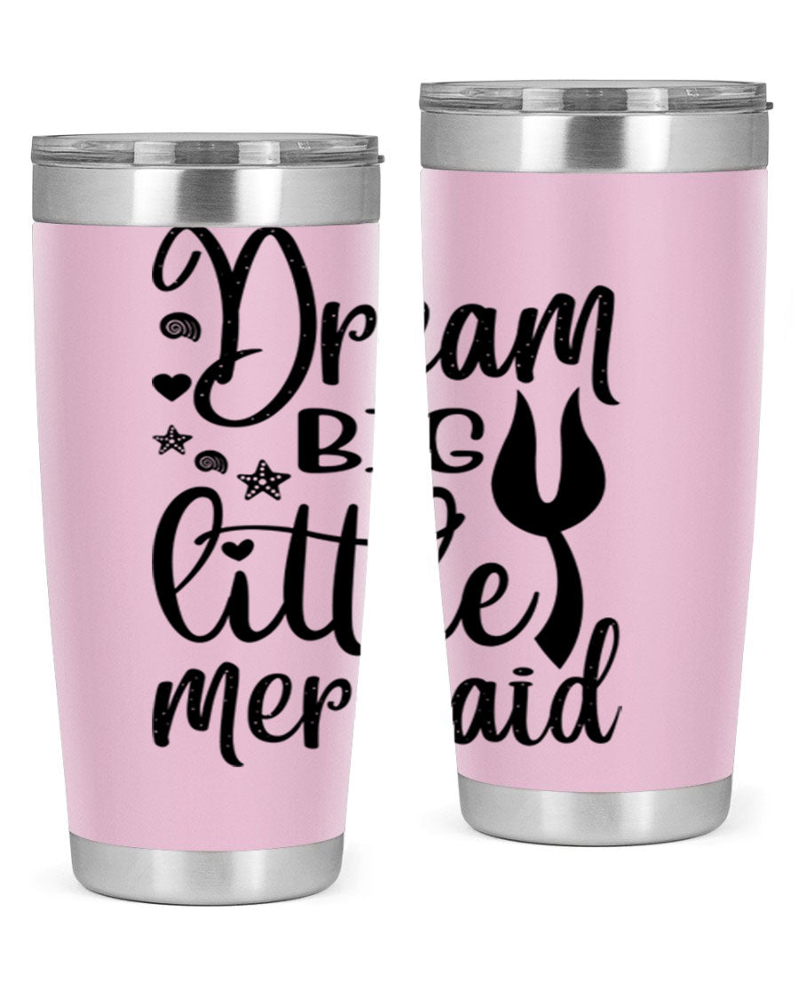 Dream Big Little Mermaid tumbler featuring a vibrant design, double wall vacuum stainless steel construction, and a convenient drink-thru lid.