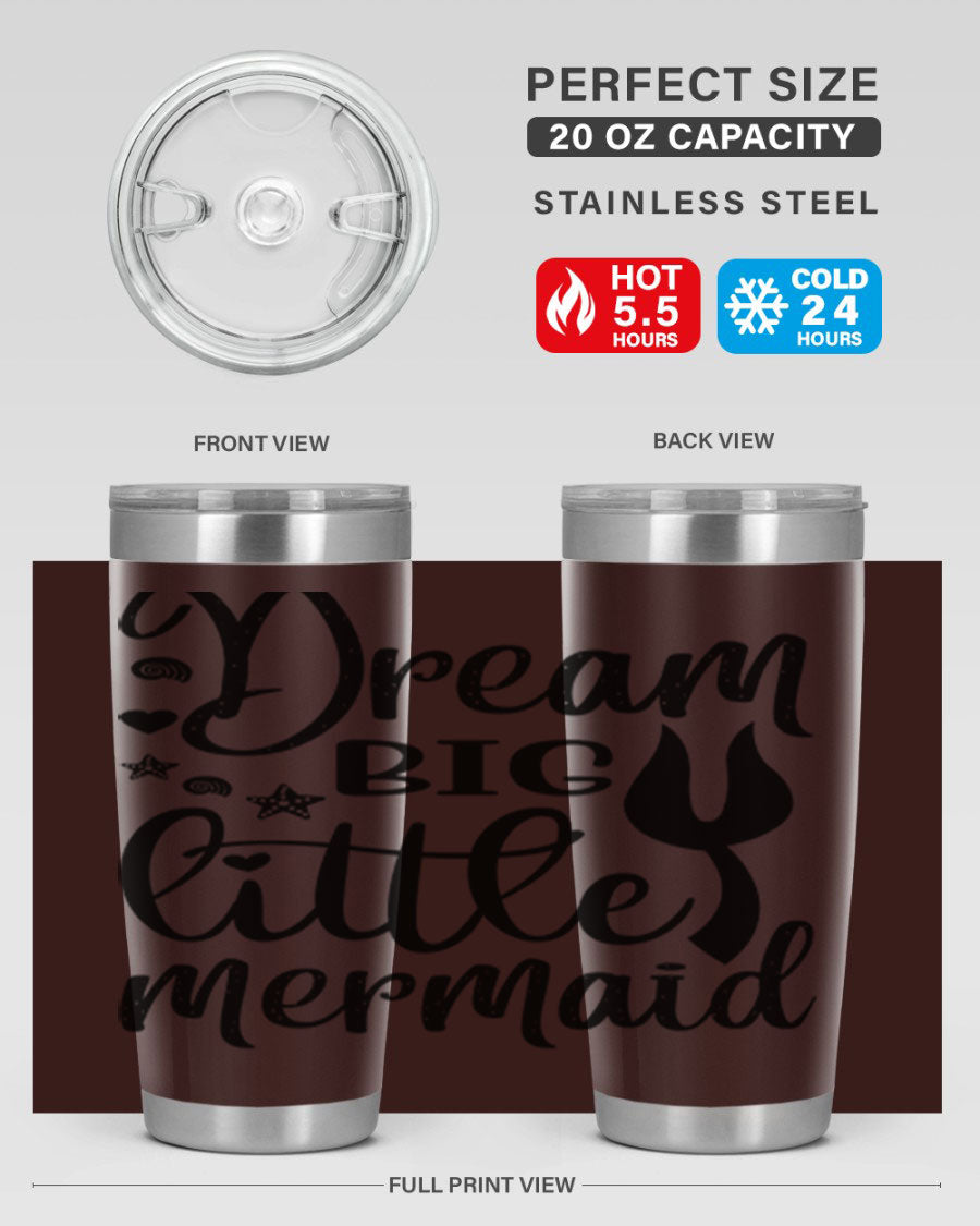 Dream Big Little Mermaid tumbler featuring a vibrant design, double wall vacuum stainless steel construction, and a convenient drink-thru lid.