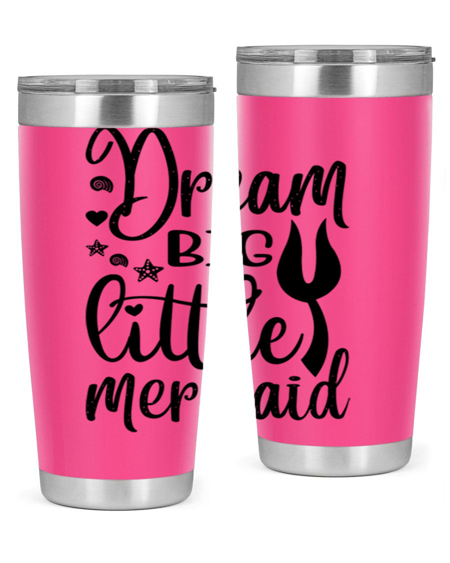 Dream Big Little Mermaid tumbler featuring a vibrant design, double wall vacuum stainless steel construction, and a convenient drink-thru lid.