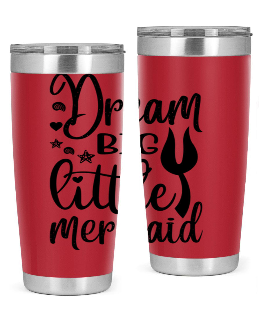 Dream Big Little Mermaid tumbler featuring a vibrant design, double wall vacuum stainless steel construction, and a convenient drink-thru lid.