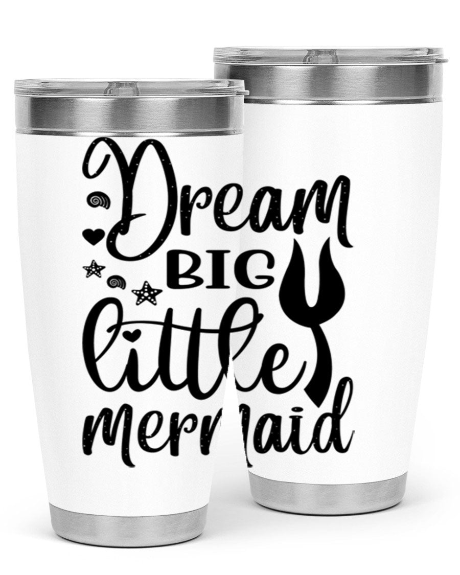 Dream Big Little Mermaid tumbler featuring a vibrant design, double wall vacuum stainless steel construction, and a convenient drink-thru lid.