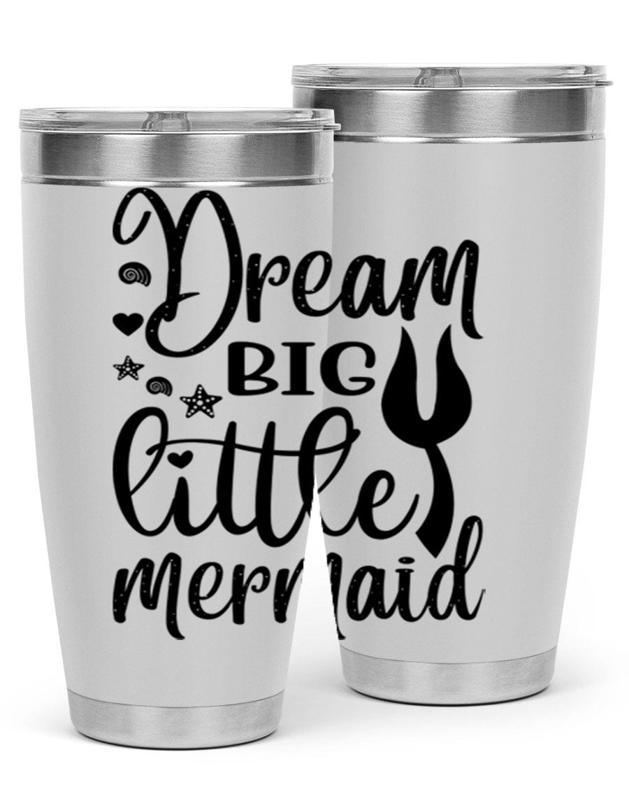Dream Big Little Mermaid tumbler featuring a vibrant design, double wall vacuum stainless steel construction, and a convenient drink-thru lid.