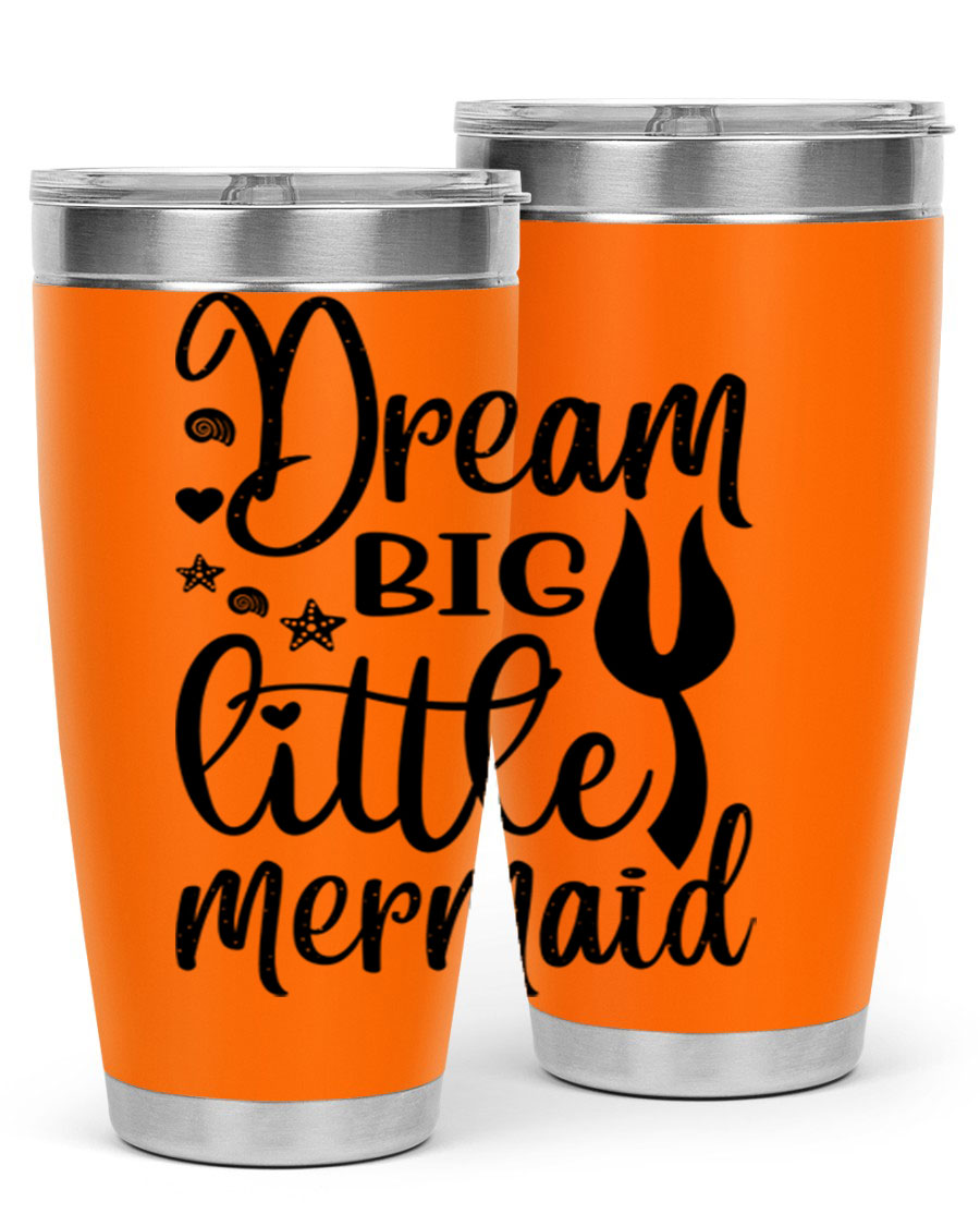 Dream Big Little Mermaid tumbler featuring a vibrant design, double wall vacuum stainless steel construction, and a convenient drink-thru lid.