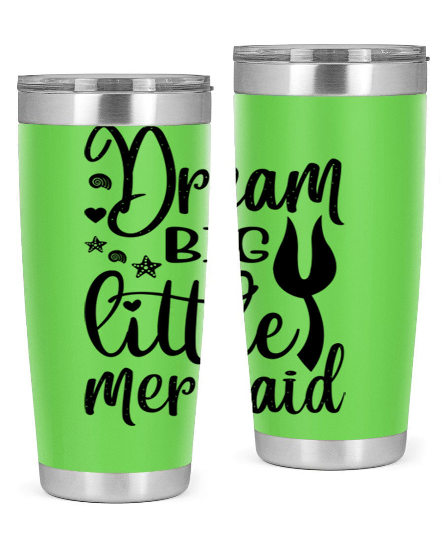 Dream Big Little Mermaid tumbler featuring a vibrant design, double wall vacuum stainless steel construction, and a convenient drink-thru lid.