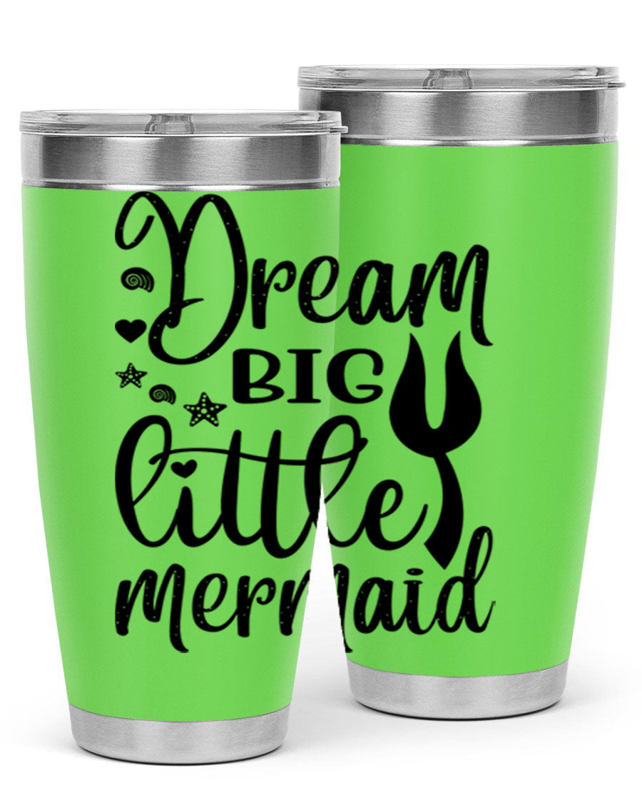 Dream Big Little Mermaid tumbler featuring a vibrant design, double wall vacuum stainless steel construction, and a convenient drink-thru lid.