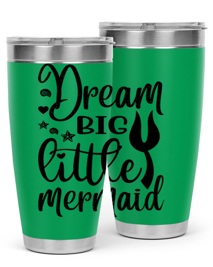 Dream Big Little Mermaid tumbler featuring a vibrant design, double wall vacuum stainless steel construction, and a convenient drink-thru lid.