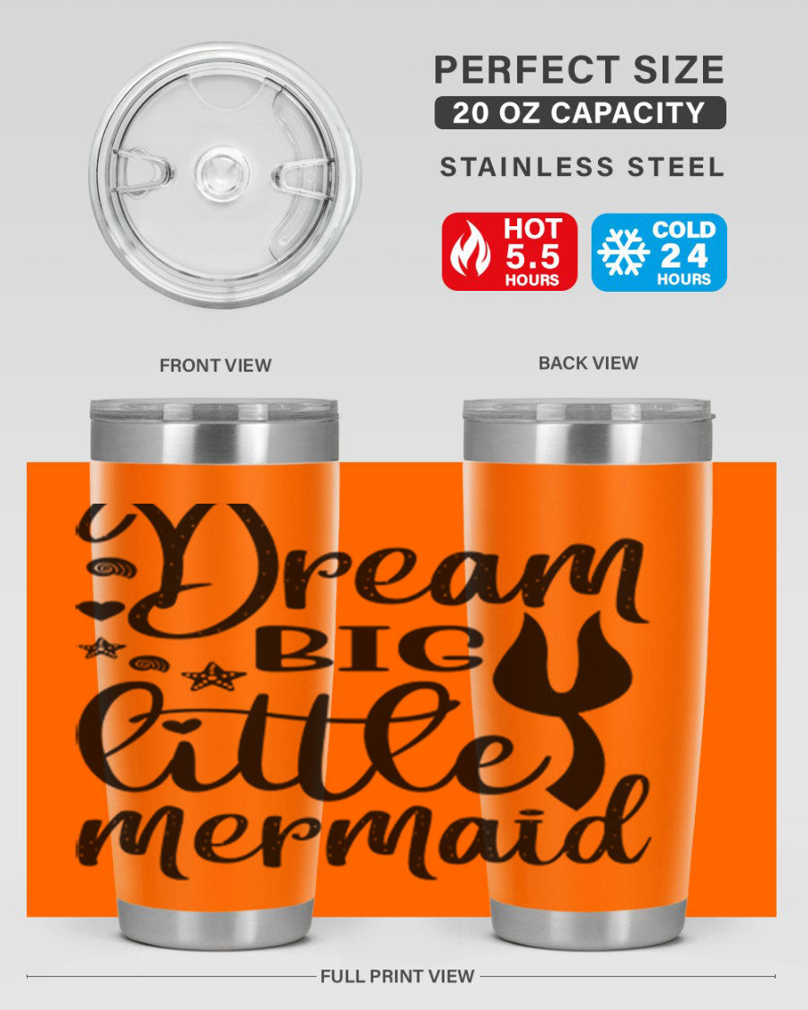 Dream Big Little Mermaid tumbler featuring a vibrant design, double wall vacuum stainless steel construction, and a convenient drink-thru lid.