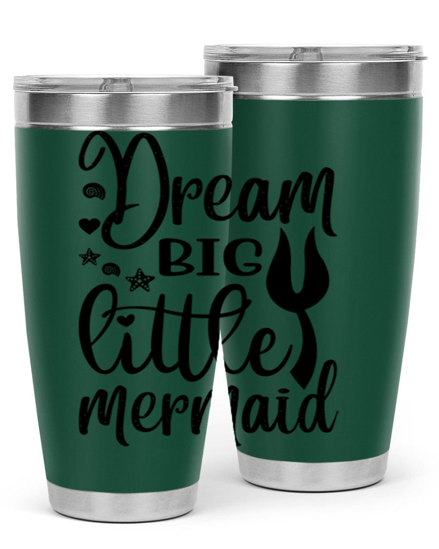 Dream Big Little Mermaid tumbler featuring a vibrant design, double wall vacuum stainless steel construction, and a convenient drink-thru lid.