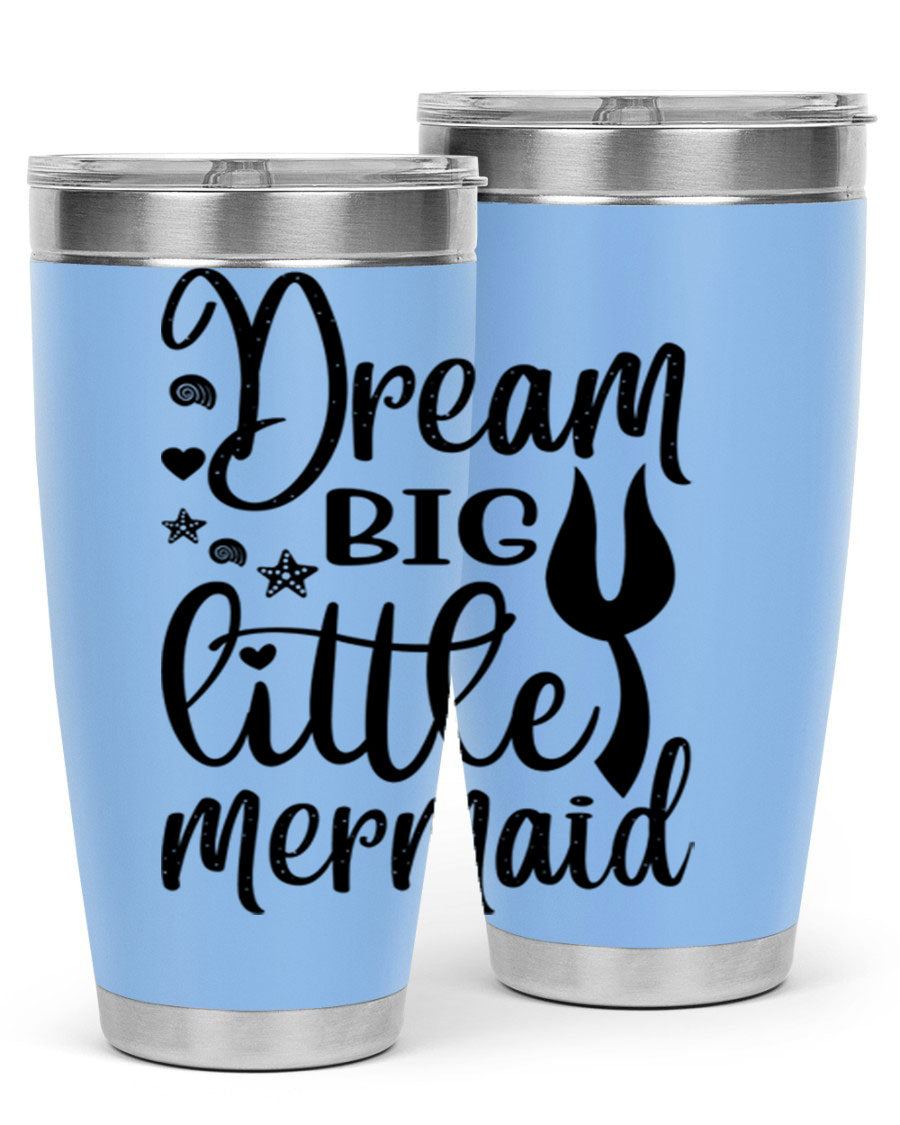 Dream Big Little Mermaid tumbler featuring a vibrant design, double wall vacuum stainless steel construction, and a convenient drink-thru lid.