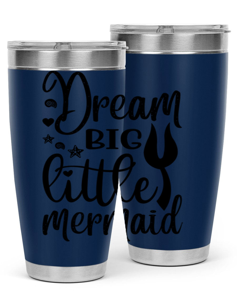 Dream Big Little Mermaid tumbler featuring a vibrant design, double wall vacuum stainless steel construction, and a convenient drink-thru lid.