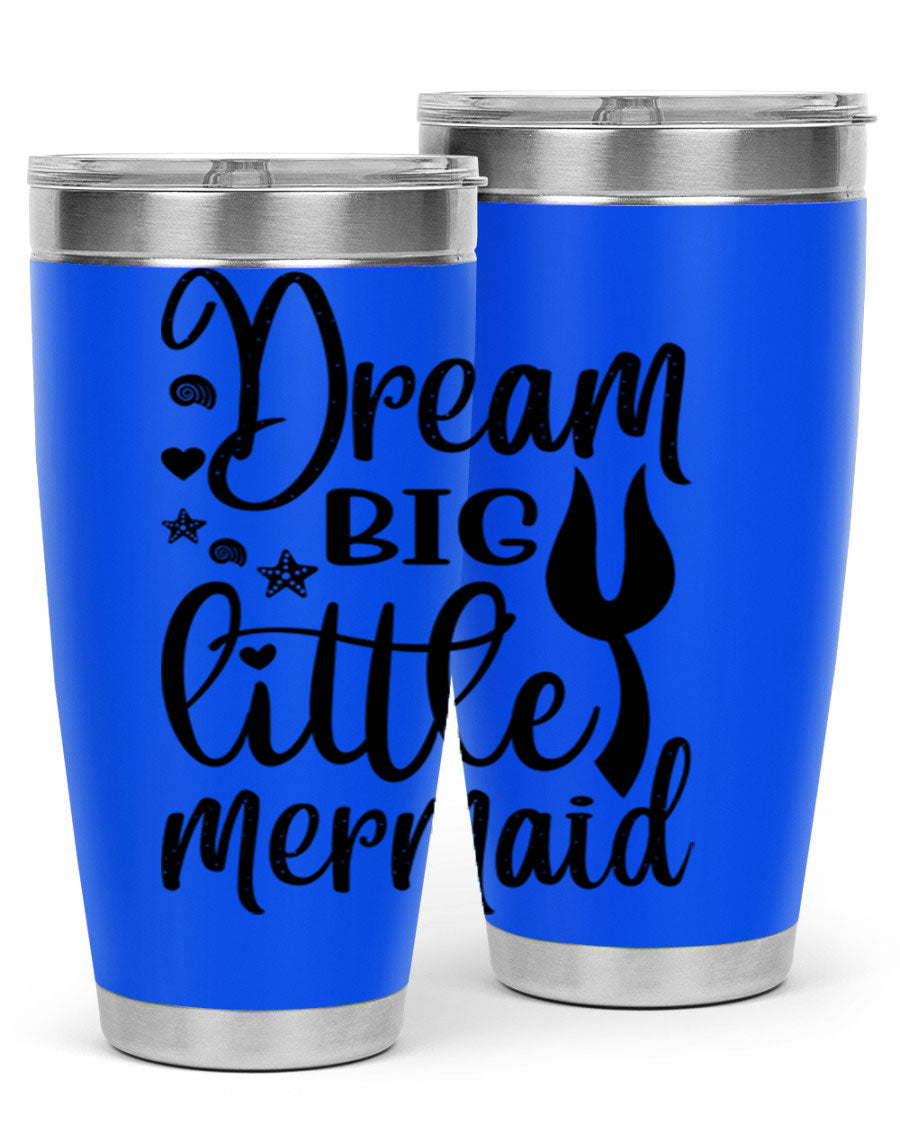 Dream Big Little Mermaid tumbler featuring a vibrant design, double wall vacuum stainless steel construction, and a convenient drink-thru lid.