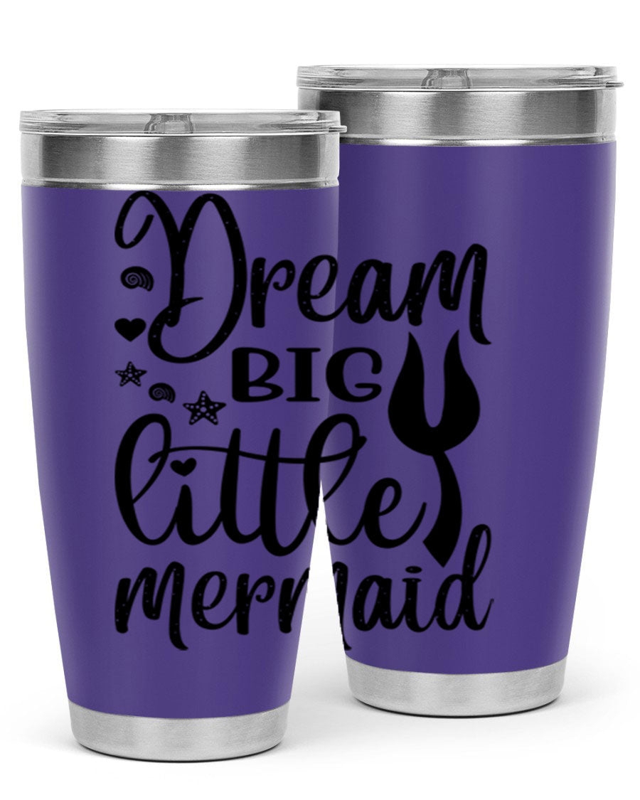 Dream Big Little Mermaid tumbler featuring a vibrant design, double wall vacuum stainless steel construction, and a convenient drink-thru lid.