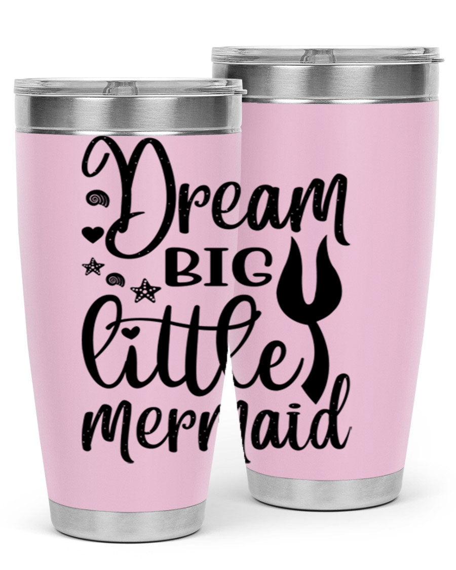Dream Big Little Mermaid tumbler featuring a vibrant design, double wall vacuum stainless steel construction, and a convenient drink-thru lid.