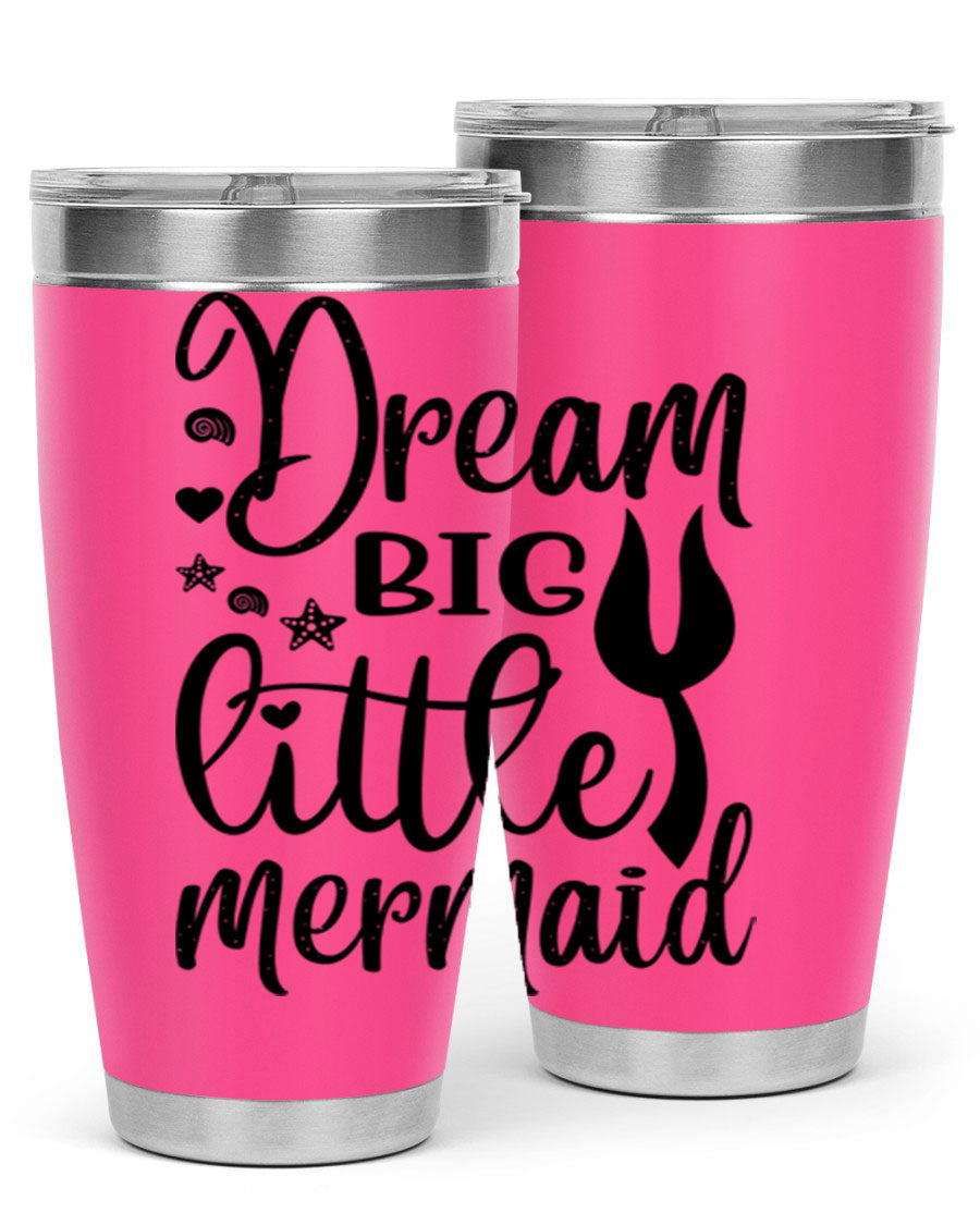 Dream Big Little Mermaid tumbler featuring a vibrant design, double wall vacuum stainless steel construction, and a convenient drink-thru lid.