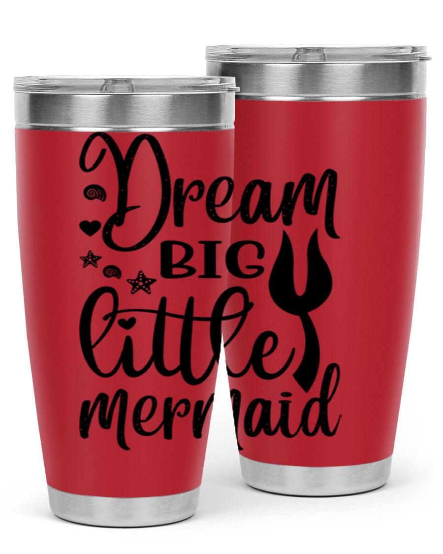Dream Big Little Mermaid tumbler featuring a vibrant design, double wall vacuum stainless steel construction, and a convenient drink-thru lid.