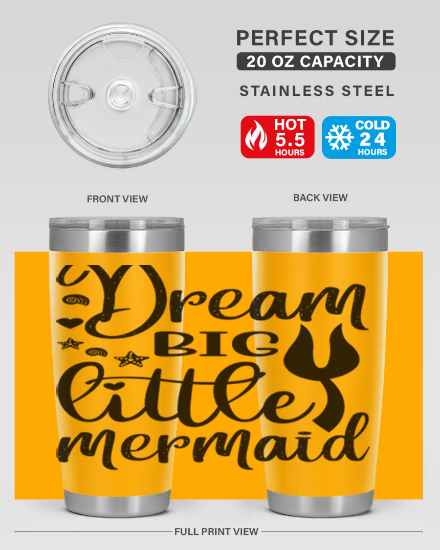 Dream Big Little Mermaid tumbler featuring a vibrant design, double wall vacuum stainless steel construction, and a convenient drink-thru lid.