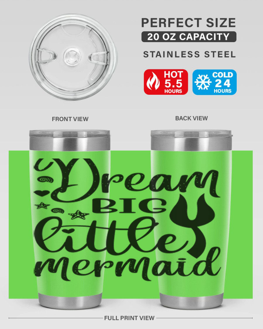 Dream Big Little Mermaid tumbler featuring a vibrant design, double wall vacuum stainless steel construction, and a convenient drink-thru lid.