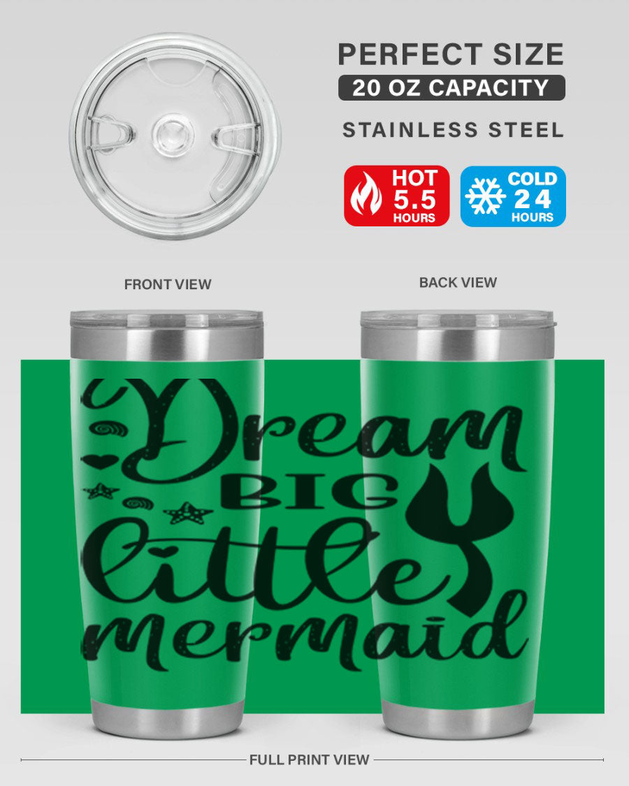 Dream Big Little Mermaid tumbler featuring a vibrant design, double wall vacuum stainless steel construction, and a convenient drink-thru lid.
