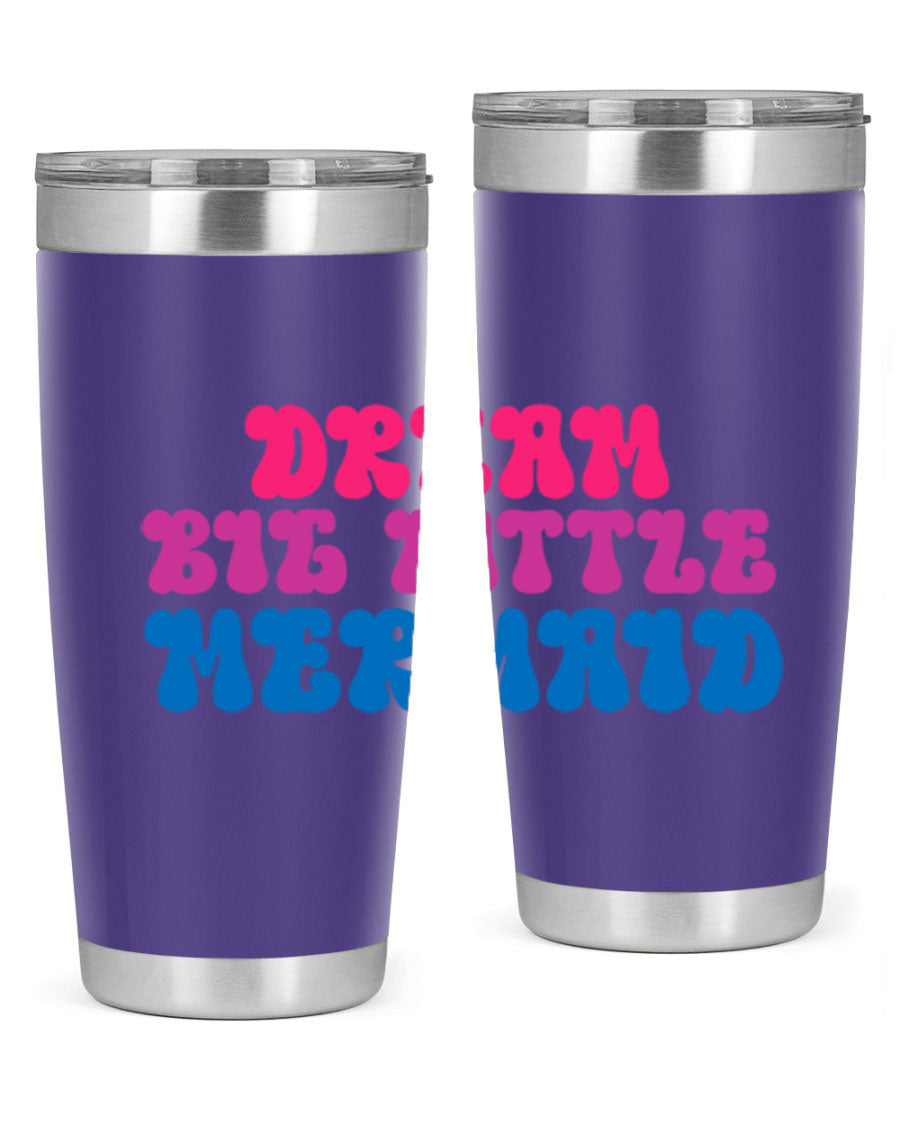 Dream Big Little Mermaid 20oz tumbler featuring a whimsical mermaid design, made of stainless steel with a drink-thru lid.