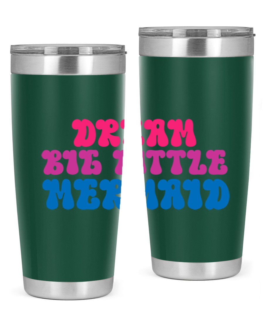 Dream Big Little Mermaid 20oz tumbler featuring a whimsical mermaid design, made of stainless steel with a drink-thru lid.