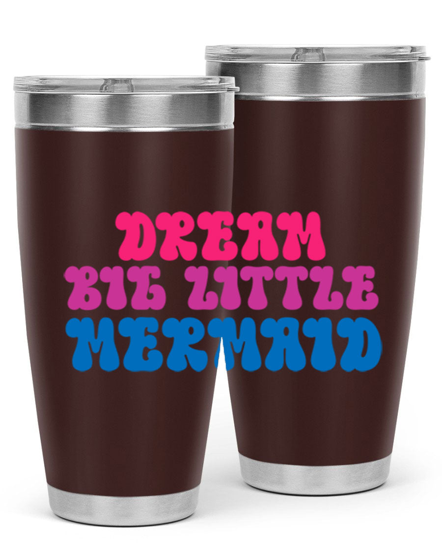 Dream Big Little Mermaid 20oz tumbler featuring a whimsical mermaid design, made of stainless steel with a drink-thru lid.