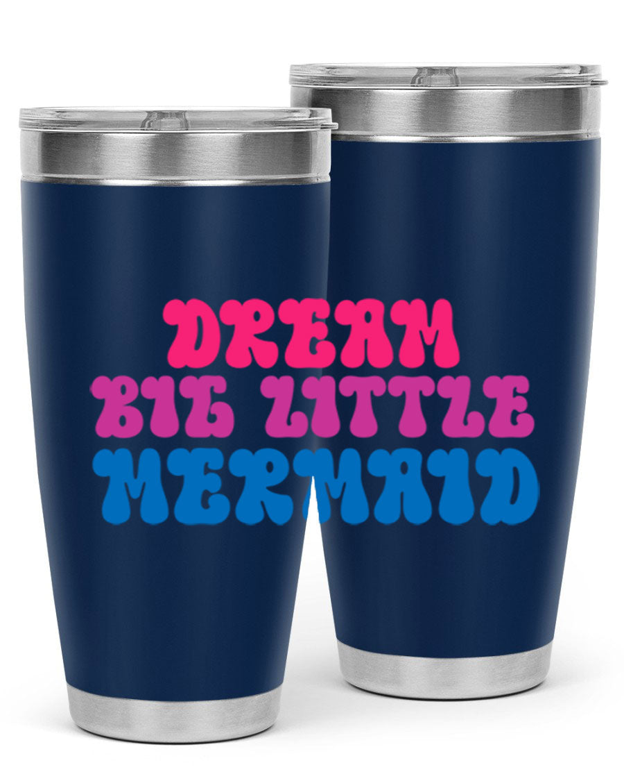 Dream Big Little Mermaid 20oz tumbler featuring a whimsical mermaid design, made of stainless steel with a drink-thru lid.