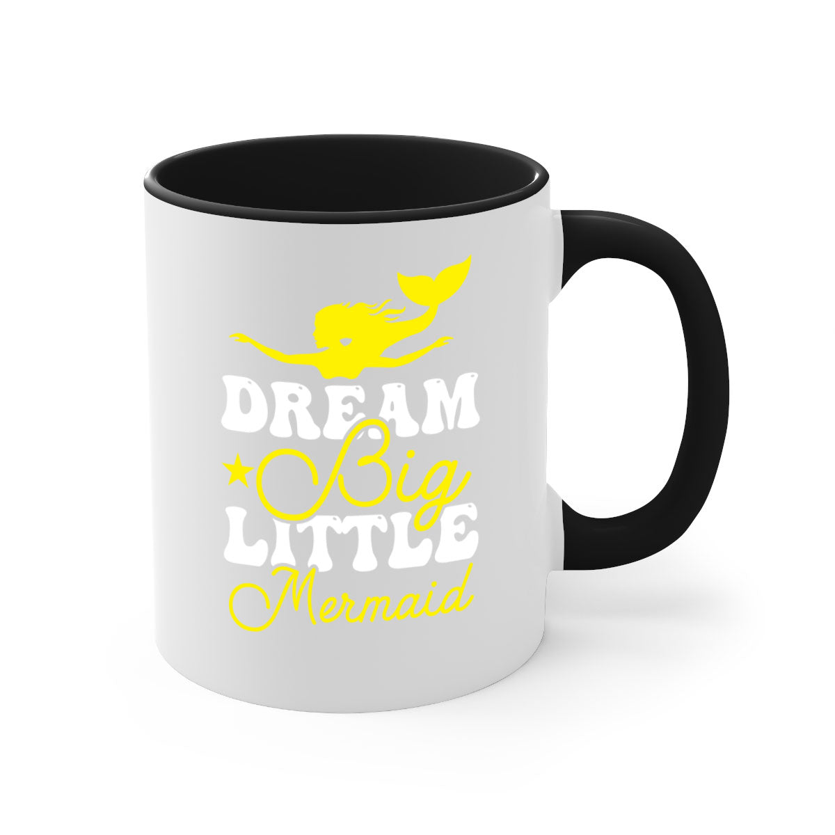 Dream Big Little Mermaid mug with colorful handle and glossy finish, available in multiple colors and sizes.