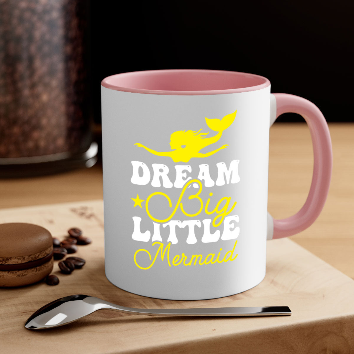 Dream Big Little Mermaid mug with colorful handle and glossy finish, available in multiple colors and sizes.