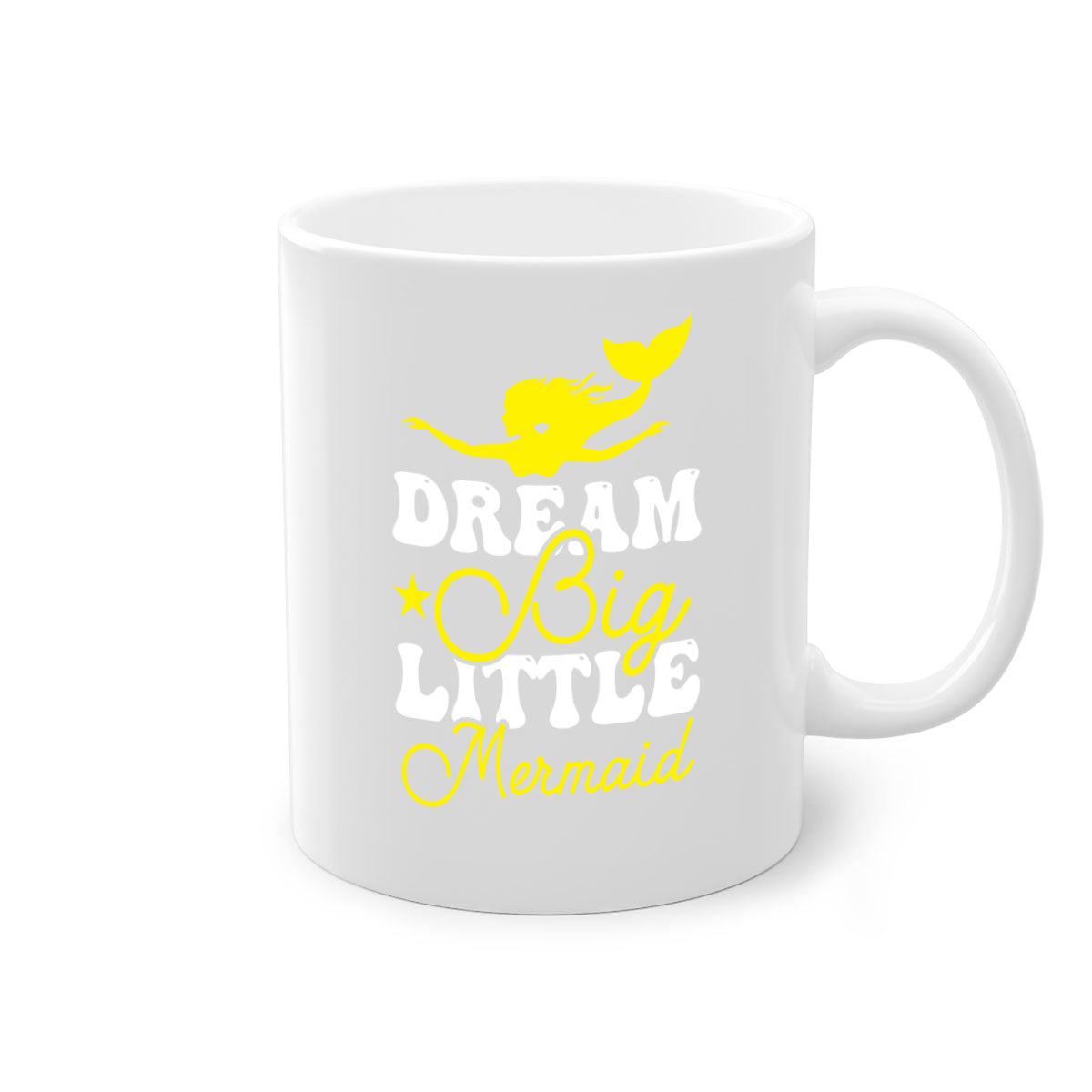 Dream Big Little Mermaid mug with colorful handle and glossy finish, available in multiple colors and sizes.