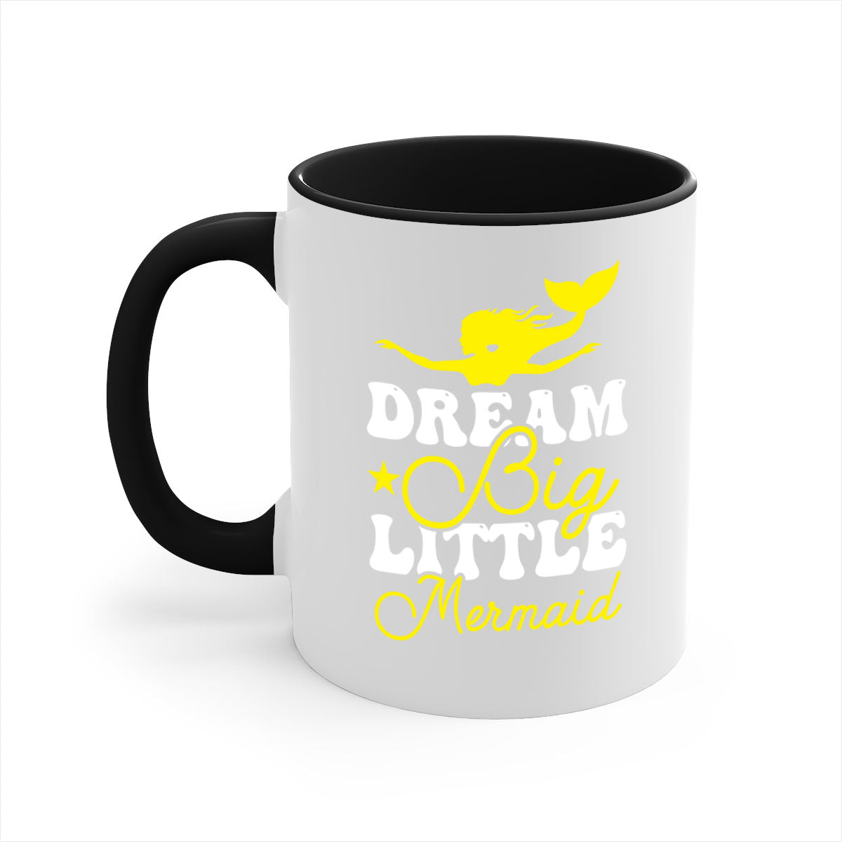 Dream Big Little Mermaid mug with colorful handle and glossy finish, available in multiple colors and sizes.