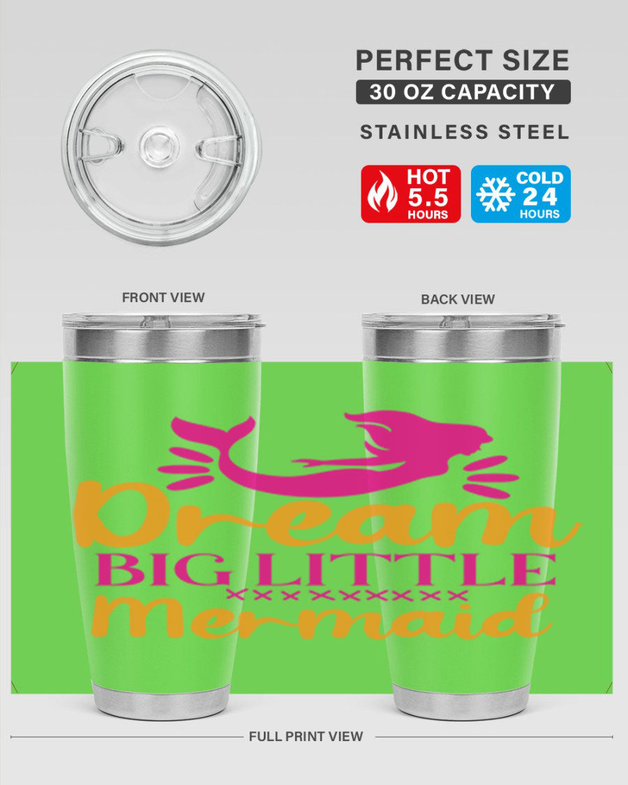 Dream Big Little Mermaid 20oz tumbler featuring a vibrant design, double wall vacuum stainless steel, and a press-in drink-thru lid.