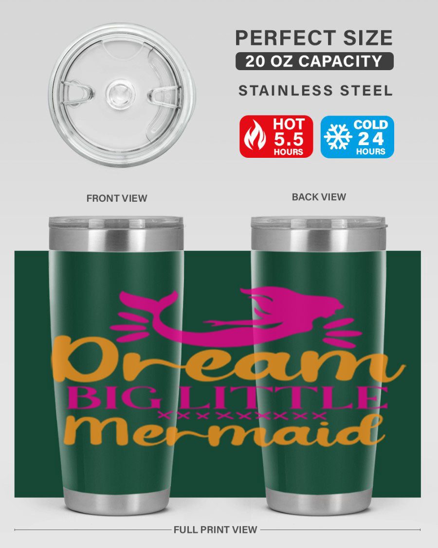 Dream Big Little Mermaid 20oz tumbler featuring a vibrant design, double wall vacuum stainless steel, and a press-in drink-thru lid.