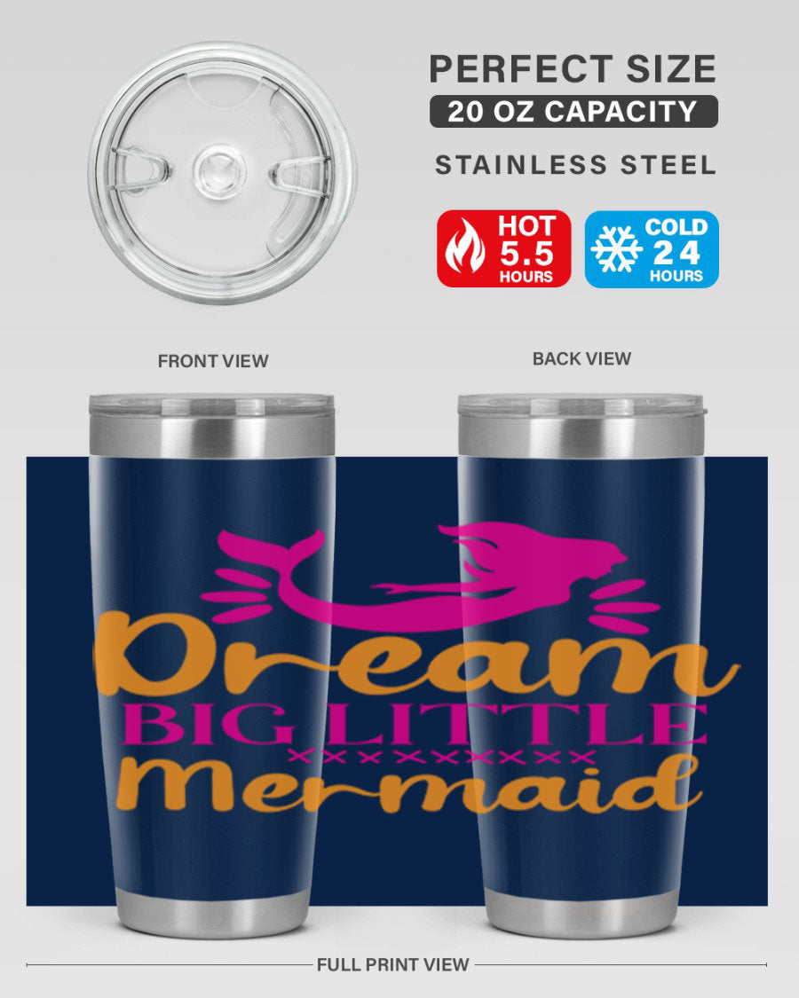 Dream Big Little Mermaid 20oz tumbler featuring a vibrant design, double wall vacuum stainless steel, and a press-in drink-thru lid.