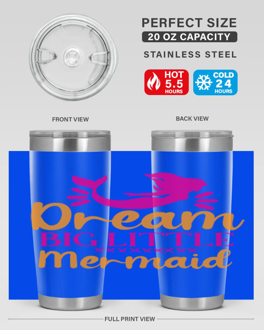 Dream Big Little Mermaid 20oz tumbler featuring a vibrant design, double wall vacuum stainless steel, and a press-in drink-thru lid.