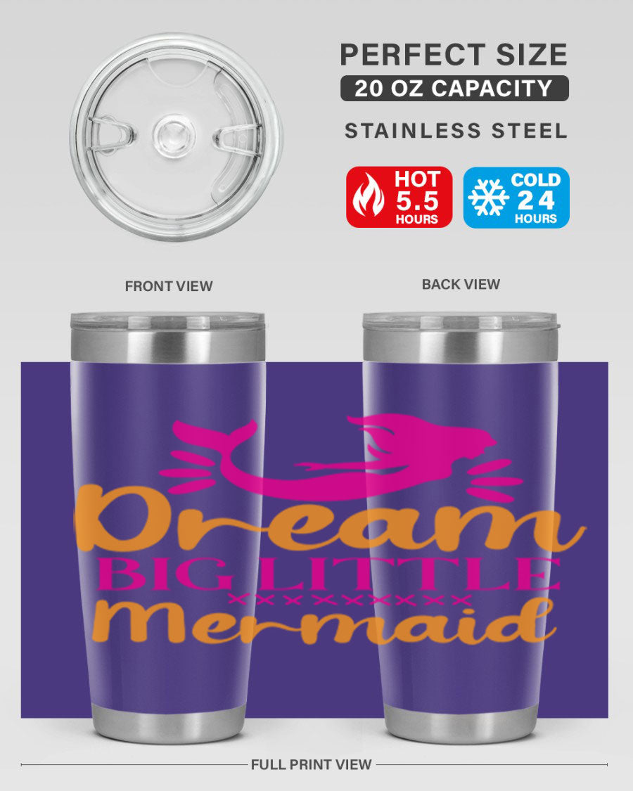 Dream Big Little Mermaid 20oz tumbler featuring a vibrant design, double wall vacuum stainless steel, and a press-in drink-thru lid.