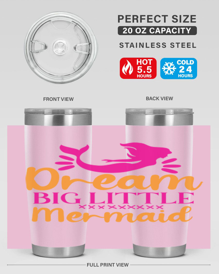 Dream Big Little Mermaid 20oz tumbler featuring a vibrant design, double wall vacuum stainless steel, and a press-in drink-thru lid.