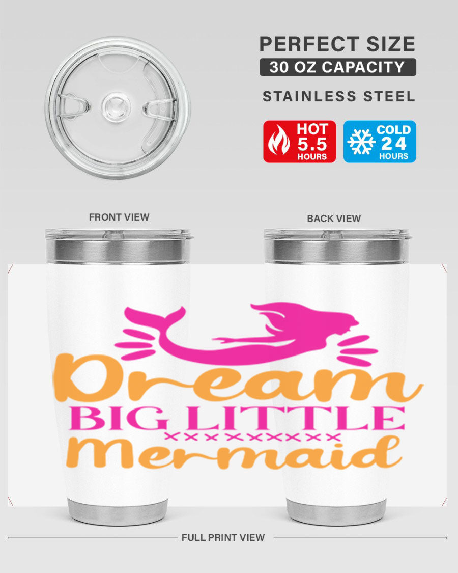 Dream Big Little Mermaid 20oz tumbler featuring a vibrant design, double wall vacuum stainless steel, and a press-in drink-thru lid.