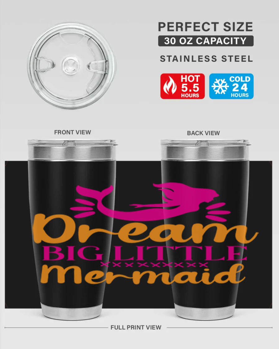 Dream Big Little Mermaid 20oz tumbler featuring a vibrant design, double wall vacuum stainless steel, and a press-in drink-thru lid.